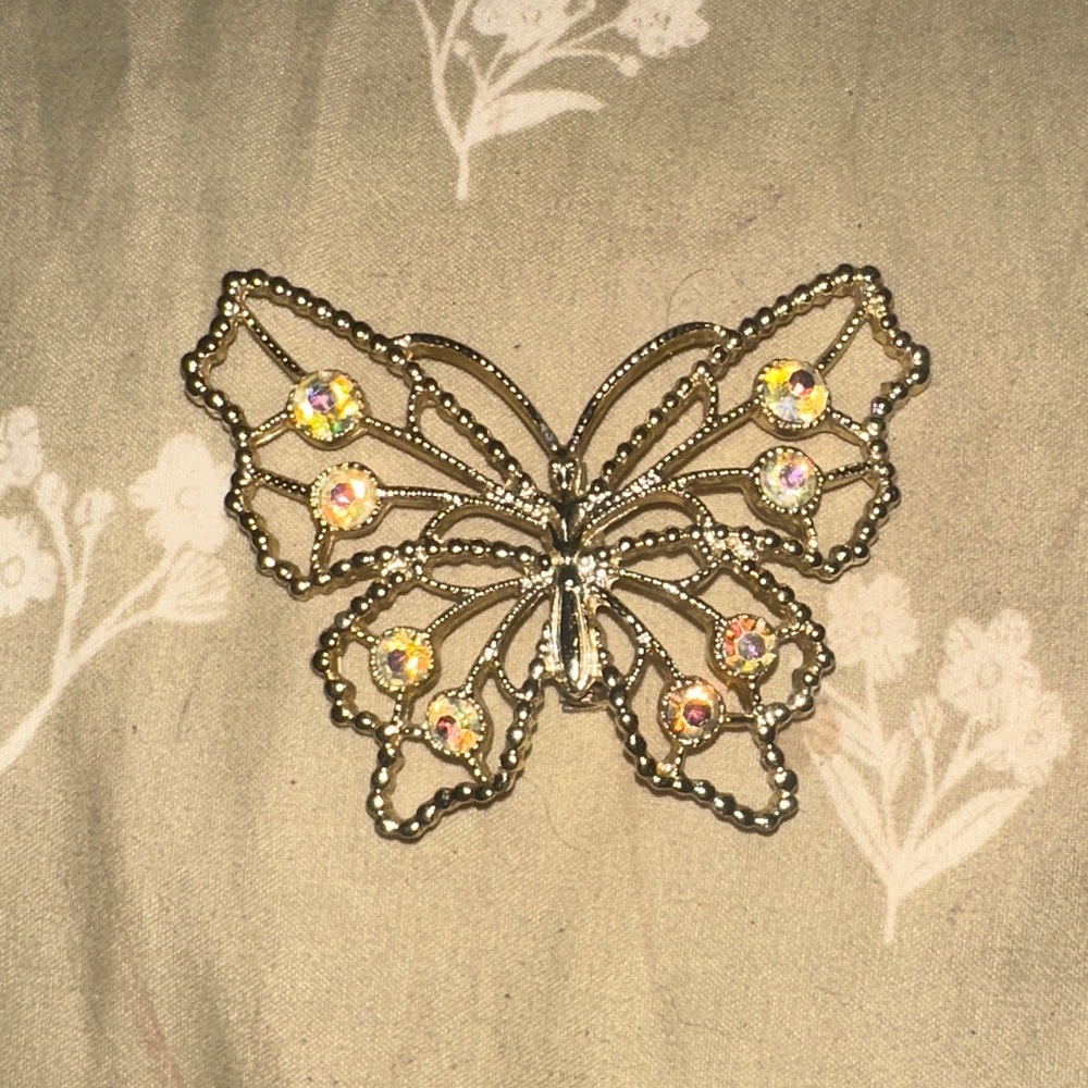 Gold Butterfly Brooch with Gem Accents